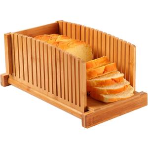 Premium Bamboo Bread Slicer for Homemade Bread, Crumb Catcher, Foldable and Compact Loaf Cutter 3 Size Slicing Guide