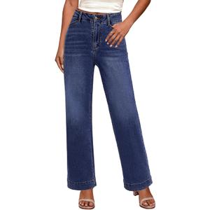 GRAPENT Wide Leg Jeans Woman High Waisted Trendy Stretchy Denim Pants Classic Trouser Jeans with Slash Pockets (Small, Darkness Blue)