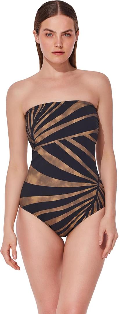 Gottex Desert Queen Bandeau One Piece - Built-in Soft Cups, Tummy Control, Front & Back Lining, Classic Back Coverage (10, Black-brown)