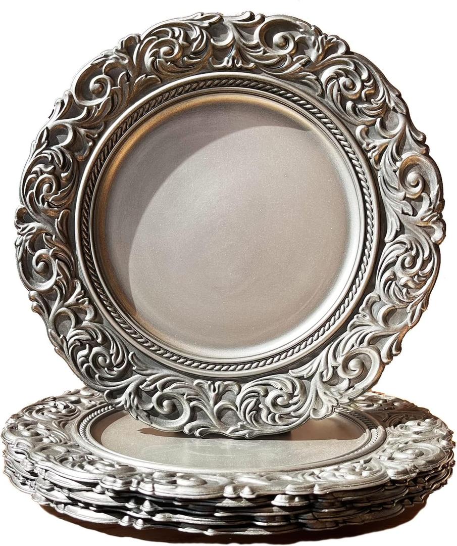 Antique Silver Charger Plates Embossed Rim, 13 Inch Dinner Plate Chargers Round Server Ware. Set of 6 Plastic Charger for Dinner, Wedding, Elegant Tableware Decor