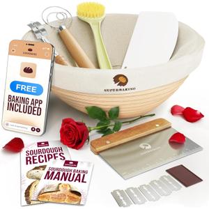 Superbaking Banneton Bread Proofing Basket, Sourdough Bread Baking Supplies, Round 9 Inch Sourdough Starter Kit, Proofing Basket for Baking, Bread Making Supplies Tools, Banneton Basket Gift Set