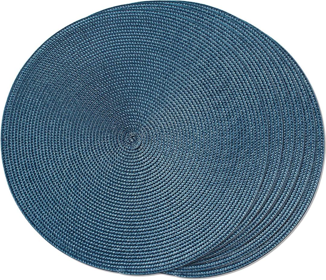 FunWheat Round Braided Placemats Set of 6 Table Mats for Dining Tables Woven Washable Non-Slip Place mats 15"(Blue, 6pcs) (6pcs, Blue)
