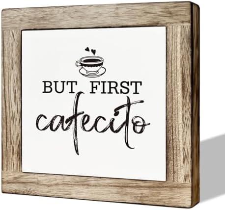 Set of 5 Pack, But First Cafecito Sign, Coffee Wood Sign, Wooden Box Signs for Home Decor, Funny Cute Coffee Decor, Tabletop Shelf Counter Decor, Office Coffee Bar Corner Shop Cafe Decoration, Coffee Lover Gift