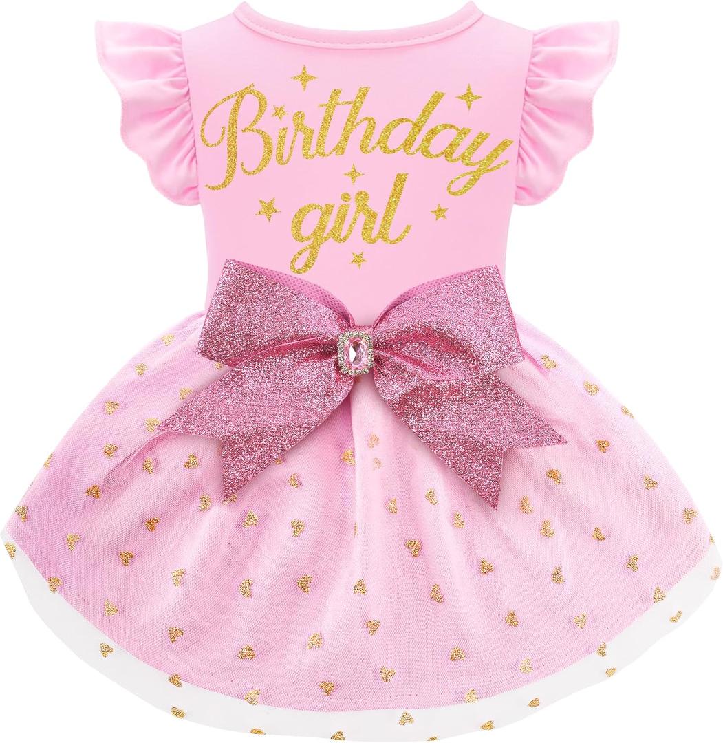 Dog Birthday Girl Dress Ruffle Dog Dress with Sparkly Pink Bowknot Tulle Birthday Princess Pet Clothes for Small Dogs Girls Boys Cats Outfit Apparel (XXS (Back: 7.9",Chest: 11"-12"))