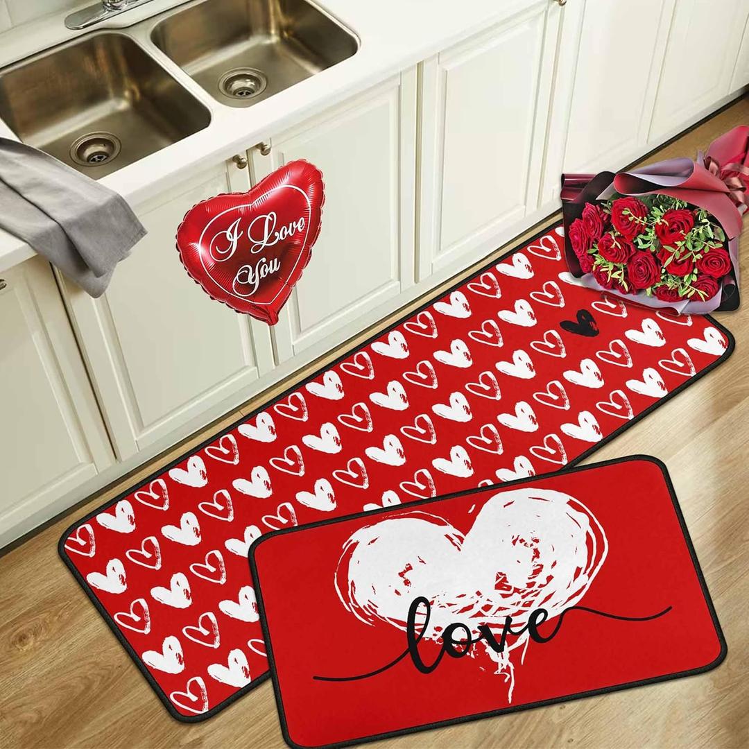 Buffalo Plaid Valentines Day Kitchen Rugs Set of 2,Valentine's Anniversary Wedding Holiday Love Hearts Decorative Floor Mats for Home Kitchen 17"x47"+17"x30"