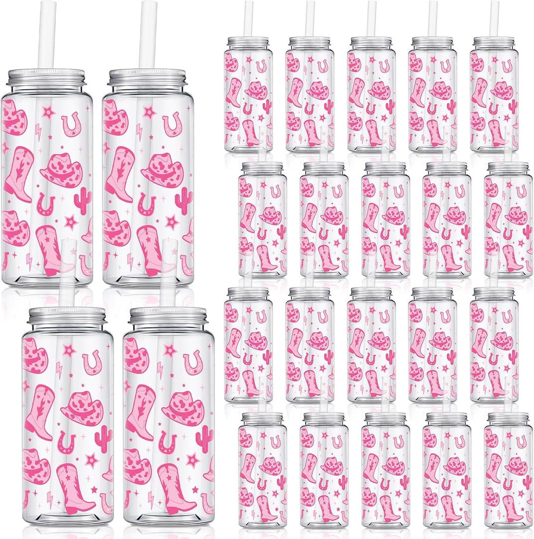 Qinyoung 24 Pcs Western Cowgirl Cowboy Plastic Tumbler 14.2 oz Cowgirl Party Favors Reusable Cups with Lids and Straws Decoration Iced Coffee Cup My First Rodeo Decorations(Classic Style,Rose Red)