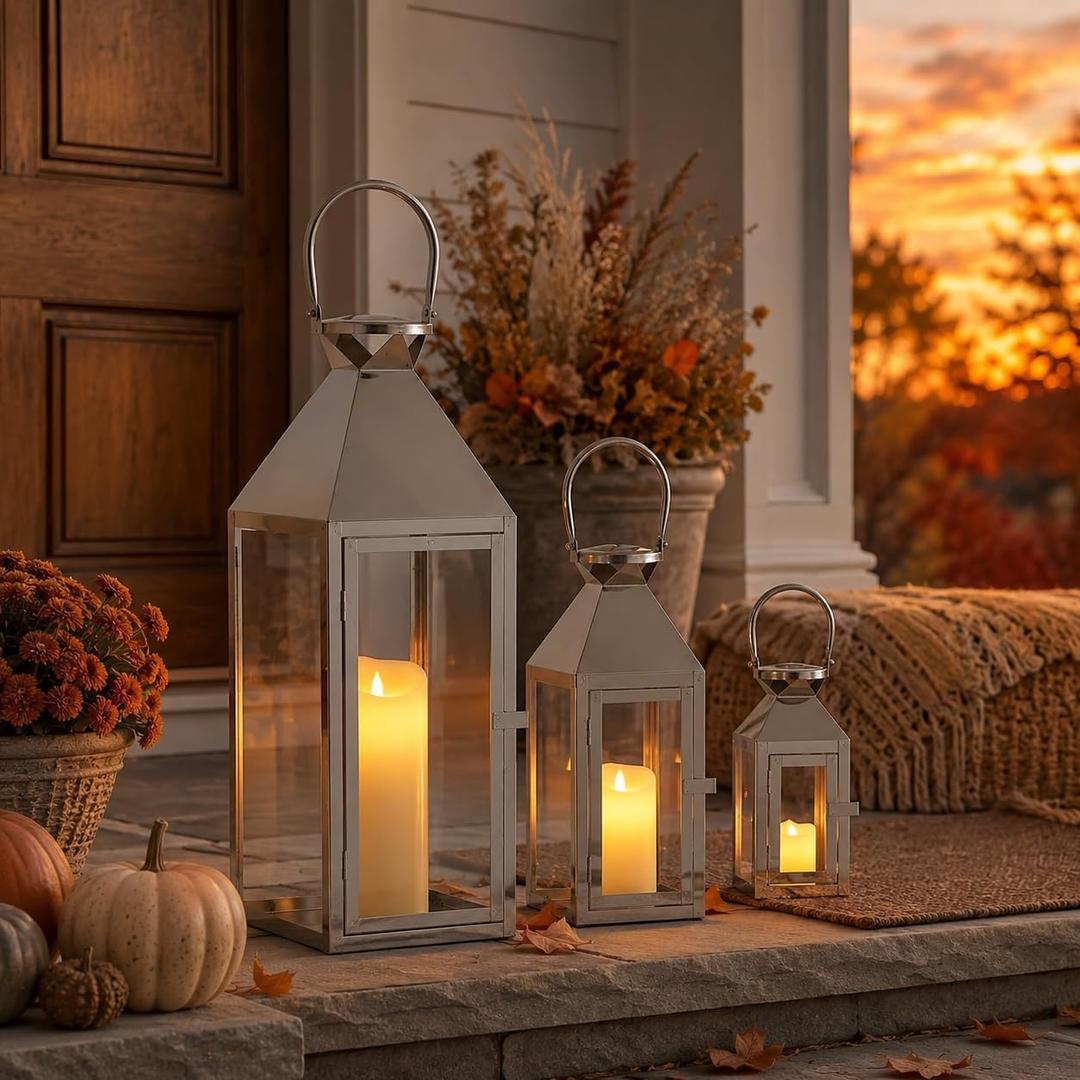 Elegant Candle Lantern Set- 3 Sizes (26", 19", 13" H) - Tempered Glass Panel Metal Candle Holders for Versatile Indoor & Outdoor Decorating - Perfect for Celebrations(Silver)