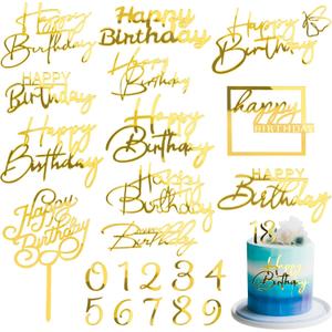 Jspupifip 22 PCS Gold Birthday Cake Topper Set,Acrylic Mirror Cake Numbers 0-9 Cupcake Topper Personalized Cake Picks (Gold)