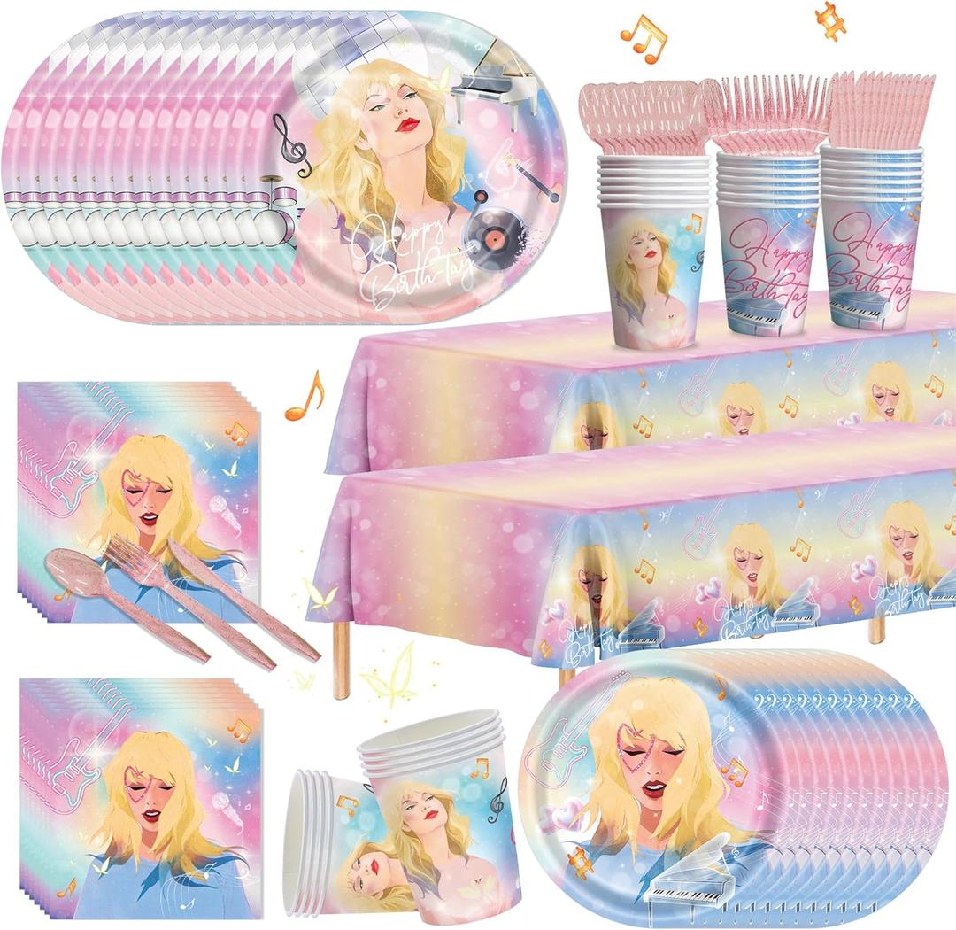 170pcs Birthday Party Supplies Paper Plates Napkins Disposable Tableware Set Paper Cups Tablecloths for Girls Fans Birthday Party Decorations Serves 24 Guests