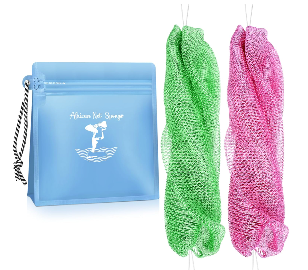 African Net Sponge Authentic - Afro Scrub Exfoliating Net Sponges with Knots - Real African Bath Sponge Washcloth for Shower - Body Exfoliator Scrubber (Green&Seawave&Camellia, Count, 3.0)