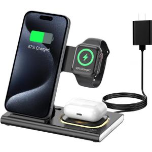 3 in 1 Foldable Charging Station for Apple Products,Fast Wireless Charger Travel Dock Adapter&Light for iPhone 16/15/14/13/12/11/X/XS,for iWatch 10/9/8/7/Ultra2/Ultra/SE,for AirPods 4/3/2/Pro/2(black)