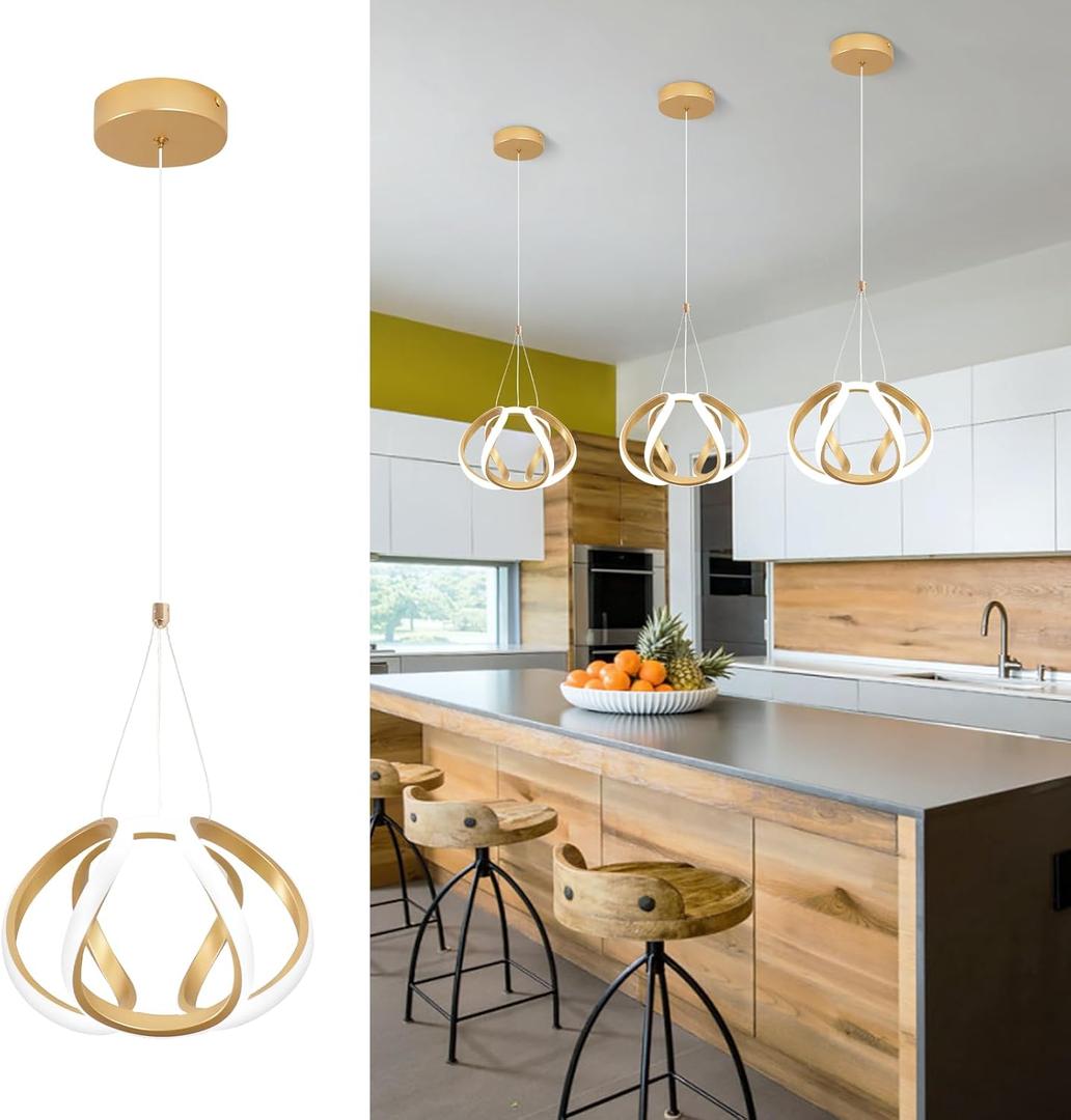 CANEOE Modern Led Pendant Light, 5500K Gold Led Pendant Lights Kitchen Island, Adjustable Height LED Hanging Light Fixtures for Dining Room Bedroom Kitchen Island Pendant Lighting,1 Pack