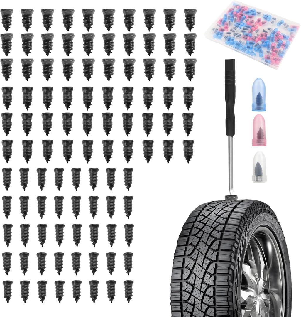 100PCS 3-Size Tire Repair Rubber Nails Kit,Tire Plugs Kit for Emergency Puncture Fixes,Durable Screw in Tires Plugs Kits as Professional Tires Repair Kits with Screwdriver