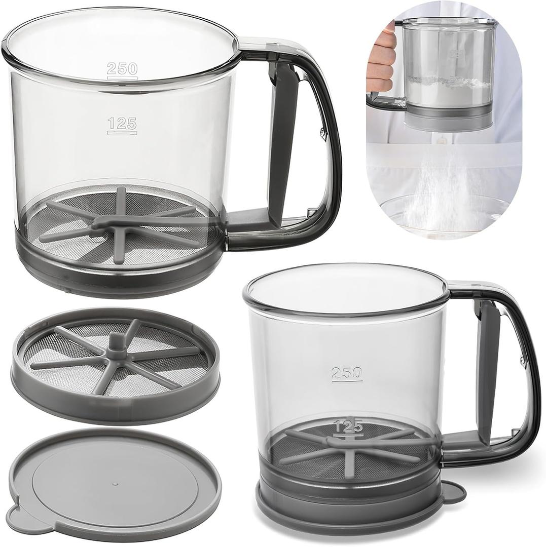 Flour Sifter for Baking, Double layer Flour Sieve with Lid, Semi-Automatic Handheld Powder Sifters,Fine Mesh Screen Powder Sifters with Scale for Cooking Baking Kitchen Sugar Utensil DIY Home