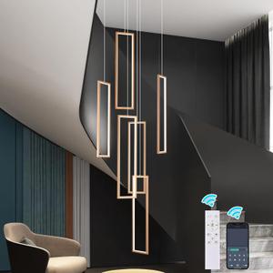 GEADI Modern Led Chandelier with Remote, Foyer Chandeleirs for High Ceilings, Dimmable Large Chandelier Staircase Pendant Light Fixture for Entryway Living Room(6 Lights,3000-6500K) (Gold/6 lights (Each frame is H31.49IN))