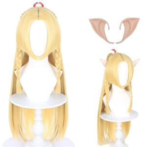 Anime Blonde Long Straight With Twin Braids Cosplay Wig for Women Halloween Costume Party Synthetic Wig+(Elf ear) (10066)