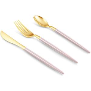 150 PCS Pink Gold Plastic Utensils for 50 Guests, Gold Disposable Silverware with 50 Knives, 50 Spoons and 50 Forks, BPA Free, Ideal for Weddings, Birthdays & Graduation