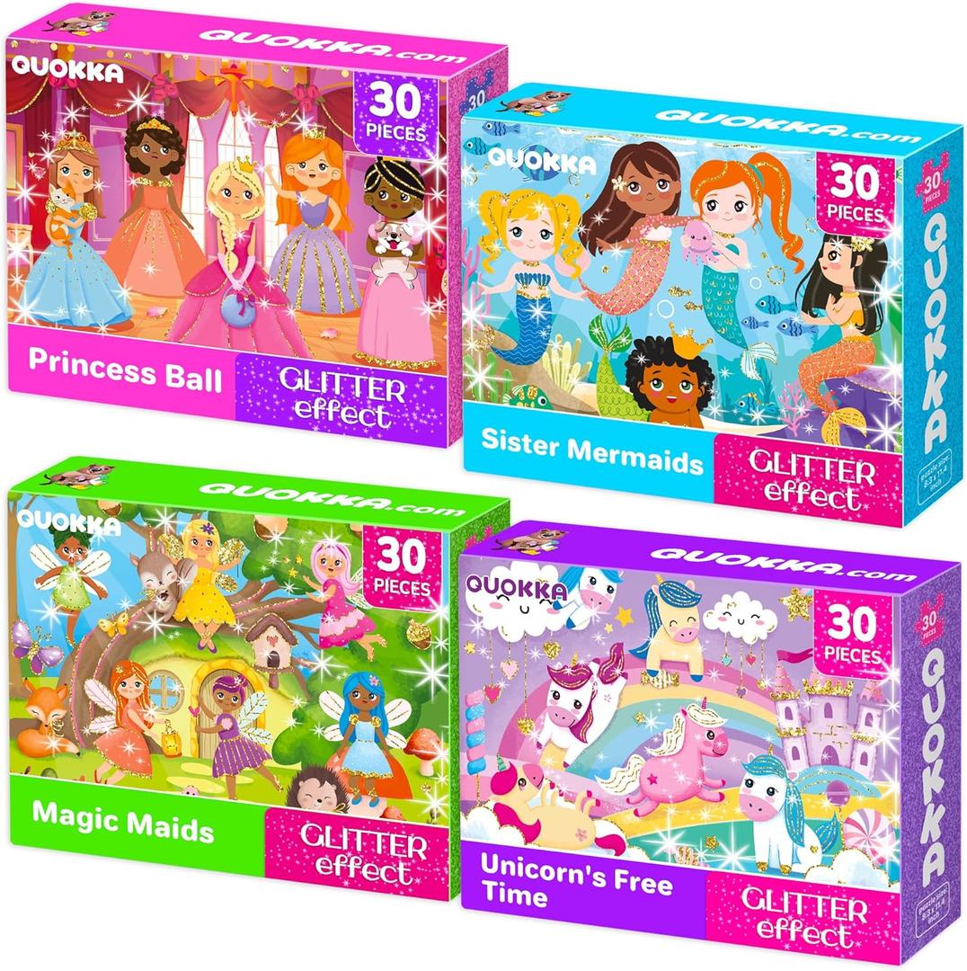 QUOKKA Puzzles for Toddlers 3-5 Shimmer 4-Pack 30 Pieces Puzzles for Kids Ages 2-4 - Fairy Tale Jigsaw Set with Princess Unicorns for Kids 4-6 Years, Gift for 3 Year-Old Boy Girl, FSC Certified Toy