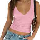 YFANG Women's Summer Deep V-Neck Ruched Crop Tank Top Sexy Sleeveless Double Lined Crop Top Pink Large