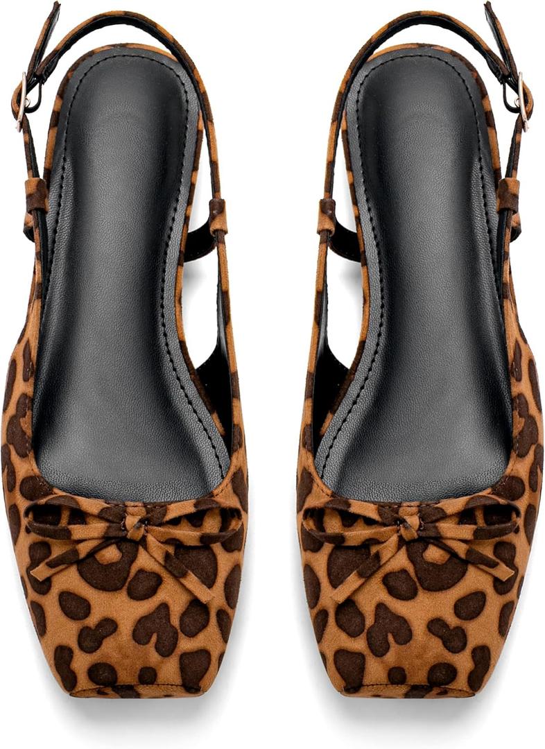 Women's Ballet Flats Slingbacks Square Toe Bow Knit Dressy Flat Shoes with Ankle Buckles Satin (9, Leopard)