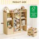 Toy Storage Organizer with Stuffed Animal Storage, Solid Pine Wooden Toy Organizer & Stuffed Animal Zoo, 4 Cubes Shelf with 2 Movable Drawers, 4 -in-1 Book Shelf for Kids Room, Playroom, Nursery