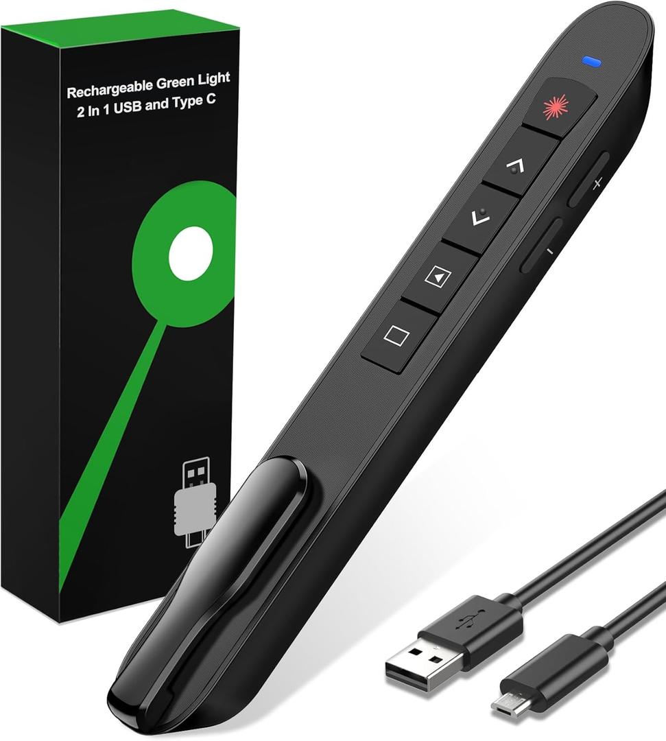 Presentation Clicker Green Laser Pointer, Rechargeable PowerPoint Clicker Wireless Presenter Remote, RF 2.4GHz USB Presentation Pointer Slide Advancer with Hyperlink Volume Control for Mac Computer (Q91-Green light)
