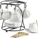 LYEOBOH Espresso Cups with Saucers Set, Porcelain Coffee Cups and Metal Stand and Spoons, Small Demitasse Cups for Espresso, Latte, Cafe Mocha, Cappuccino, and Tea, 3 OZ, Set of 6, White