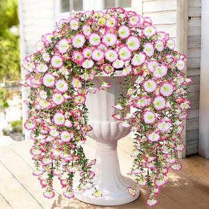 Artificial Hanging Flowers for Outdoors, 2 PCS 300 Blooms UV Resistant Morning Glory Faux Silk Vines, No-Odor Realistic Fake Plants for Garden Planter Porch Patio Decoration, Pink