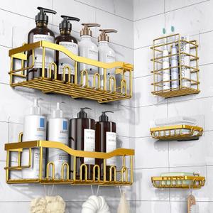 5-Pack Rustproof Stainless Steel Shower Caddy  No Drill Adhesive Bathroom Organizer with Large Capacity, Spacious Shower Shelves for Inside Shower, Kitchen & Home Decor Storage (5-piece set, Bright Gold)