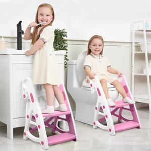 Primlect Potty Training Seat, 2-in-1 Toddler Toilet Seat with Step Stool, Ultra-Stable Potty Chair Attachment, Adjustable Seat and Step Ladder, Non-Slip Design, Splash Guard for Boys and Girls(Pink)