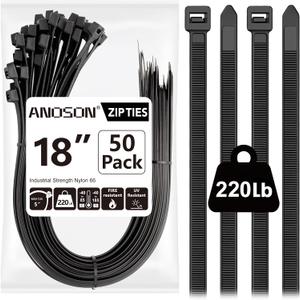 Large Zip Ties 18 inch, 50 Pack, Long Zip Ties Heavy Duty with 220 lb Tensile Strength, Big Cable Ties, Black, ANOSON