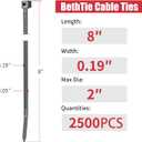 BethTie Black 8 Inch Zip Ties (2500 Pack), 65 LBS Tensile Strength, Self-Locking Nylon PA66 UV Resistant Cable Ties for Indoor and Outdoor Use