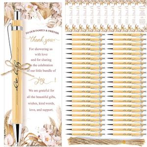 50 Sets Boho Baby Shower Ballpoint Pen Gifts for Guest Wood Bamboo Pens Thank You Cards Retractable Oh Baby Pens Bohemian Pampas Grass Floral Party Favors Souvenirs Prizes