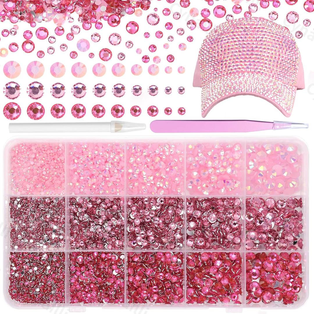 15000 Pcs Pink Color Resin Rhinestones for Crafts, Flatback Resin Rhinestones for Bedazzling Gems 2/3/4/5/6mm Flatback Gems Jewels for DIY Mugs Tumblers Bottles Clothing Shoes Nail Art