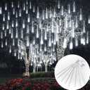 Meteor Shower Lights, 144LED White Holiday Outdoor Illumination with 8 Tubes, Waterproof Hanging Display for Garden Yard Patio Tree Decor (Plug-in)