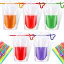 300 Pcs Drink Pouches with 300 Straw, Freezable Juice Pouches for Adults Heavy Duty Hand Held Translucent Reclosable Plastic Smoothie Bags Disposable Bags for Cold Hot Drinks, 400-500 ml