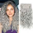 Curly Hair Extensions,LEOSA 4PCS 16 inch Clip in Hair Extensions Short Soft Natural Hairpiece Lace Weft Curly Wave Clip Ins Extensions Invisible for Women,Light Silver Grey