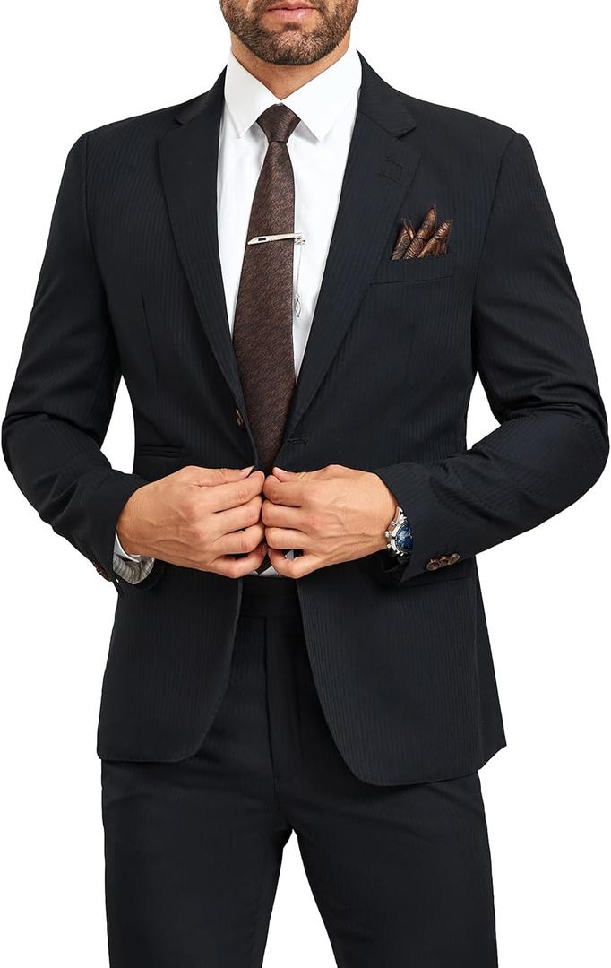 JPF Mens Formal Suits 2 Piece Stripe Suit Jacket Pants Set with Tie Slim Fit Tuxedo Suits for Men Wedding Prom Suit, Size XL