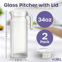 Glass Pitcher with Lid 2 Pack 34 oz Glass Water Pitcher with Handle, Ribbed Glass Container with Lid and Vented Spout for Fridge Shelf, Iced Tea, Lemonade, Juice