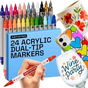 ARTISTRO 24 Glass Acrylic Paint Markers - Washable Non-Toxic Dual Tip Acrylic Paint Pens for Car Window, Mirror, Ceramic
