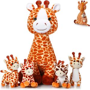 Honoson 5 Pcs Giraffe Stuffed Animals Set 18'' Large Mommy Giraffe Plush with 4 Cute Baby Zippered Tummy Soft Gift for Boy Girl Birthday Graduation Favor Forest Party(Sitting)
