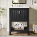 Tribesigns 24" Bathroom Vanity with Sink, Solid Wooden Frame Freestanding Vanity with Ceramic Porcelain Basin, 2-Door Storage Cabinet & Open Shelf for Small Bathroom, Industrial, Black