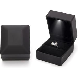 Ring Box Square Shaped LED Light Engagement Ring Boxes Jewelry Gift Box for Proposal Wedding Valentine's Day Anniversary Christmas Mothers Thanksgiving Gift (Square Black)