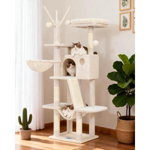 Hey-brother Cat Tree, 53 inch Cat Tower for Indoor Cats, Cat House with Padded Platform Bed, Toy Balls, Large Cozy Condo, Hammocks and Sisal Scratching Posts, Beige MPJ019-SM