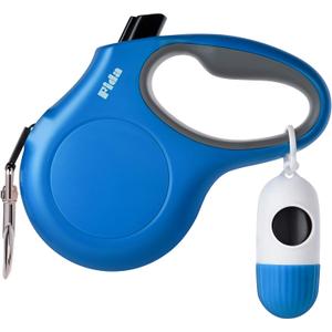 Fida Retractable Dog Leash with Dispenser and Poop Bags, 16 ft Pet Walking Leash for Small Dog or Cat up to 26 lbs, Anti-Slip Handle, Tangle Free, Reflective Nylon Tape (S, Blue)