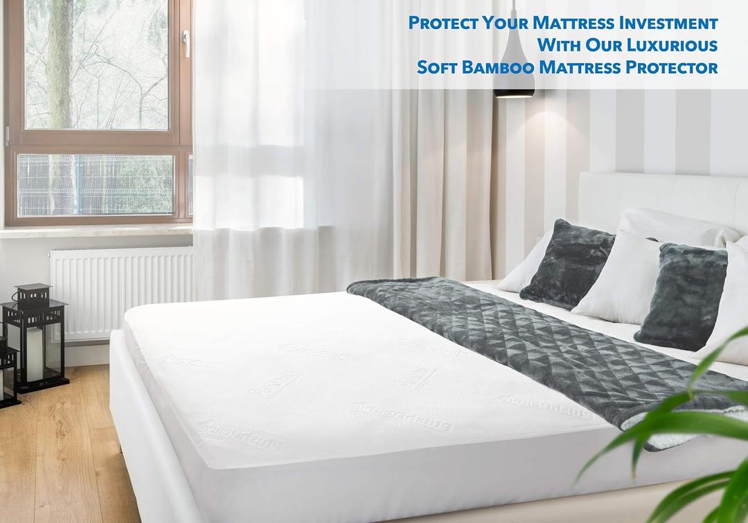 PlushDeluxe Bamboo Mattress Protector King Size,  Waterproof, & Ultra Soft Breathable Noiseless Washable Bed Mattress Cover for Comfort & Protection - White
