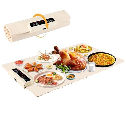 Food Warming Mat- Foldable Warming Mat for Food with Adjustable Temperature Control Time Moders Locking Function Electric Warming Tray for Parties,Home,Travel,Buffet Beige