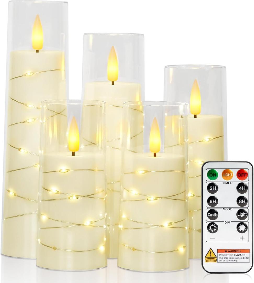 Raycare Flameless Candle with Remote Timer  5 Flickering Acrylic Battery Operated LED Pillar Candles with Embedded Star String for Halloween, Home Decor, and as a Gift(Ivory)