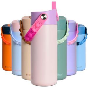 Elemental Insulated Kids Water Bottle, Stainless Steel Water Bottle with Straw Lid & Pop-It Handle, Leak-Proof Water Bottles for School, Boys or Girls, Travelling and Sports, 18oz - Pink Tie Dye