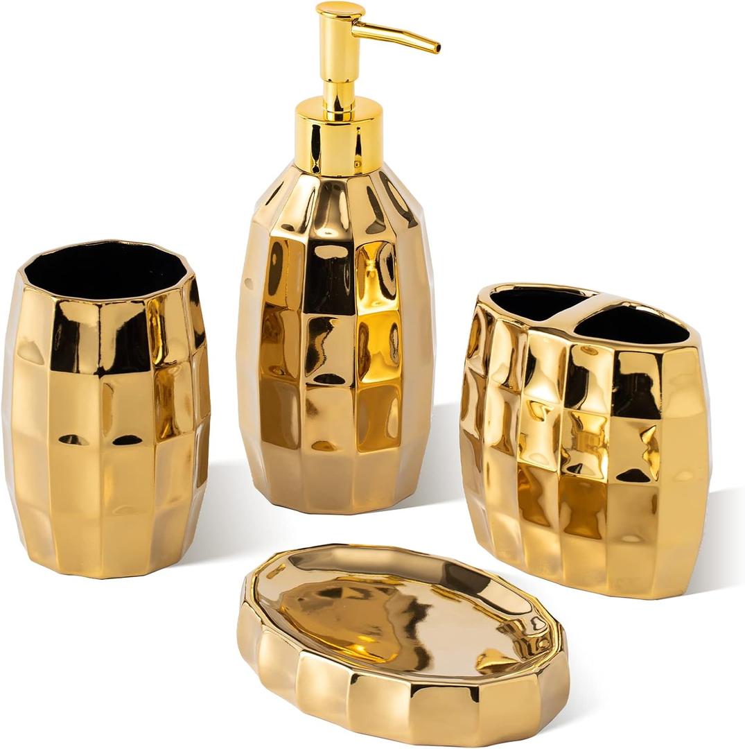 Bathroom Accessories Set, Golden Mosaic Ceramic Bathroom Accessory Sets Include Lotion Dispenser, Toothbrush Holder Tumbler, and Soap Dish (Gold 014)